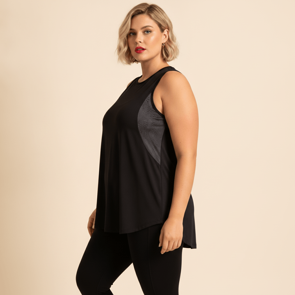 Débardeur grande taille femme noir mesh respirant coupe fluide tombé ample vue de profil fond studio crème