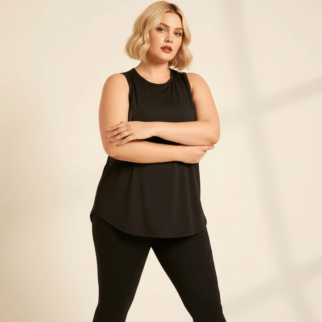 Débardeur grande taille femme noir mesh respirant torsion douce pose échauffement fond studio crème
