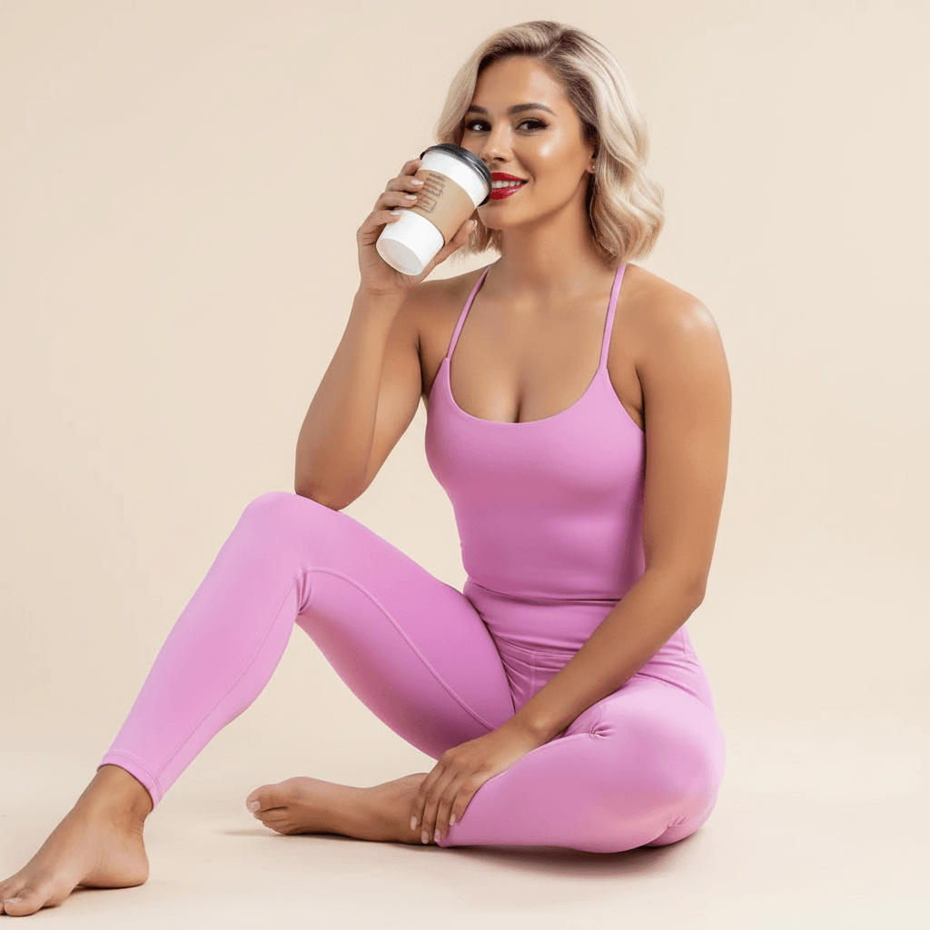 Débardeur yoga femme rose bretelles fines croisées attachées nuque look athleisure assise gobelet blonde studio crème