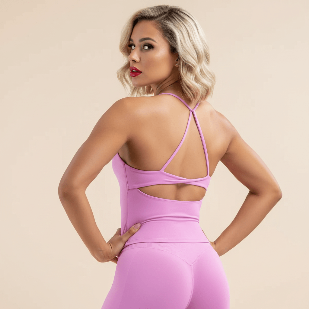 Débardeur yoga femme rose bretelles fines croisées attachées nuque vue de dos blonde studio crème