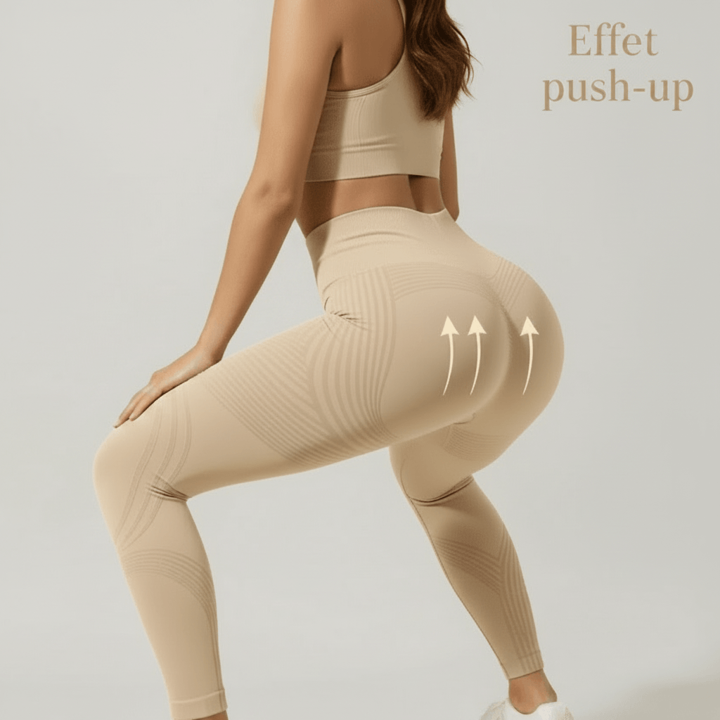 Infographie legging anti cellulite nude : effet push up fessier avec flèches, studio ivory gray