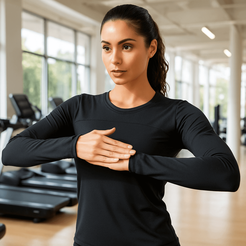 emme athlète en posture de yoga portant le t-shirt manche longue compressif noir, illustrant la liberté de mouvement, la flexibilité du tissu et la coupe ergonomique.