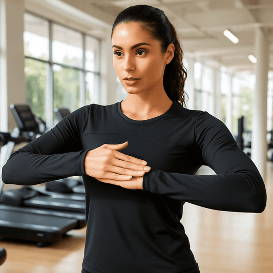 emme athlète en posture de yoga portant le t-shirt manche longue compressif noir, illustrant la liberté de mouvement, la flexibilité du tissu et la coupe ergonomique.