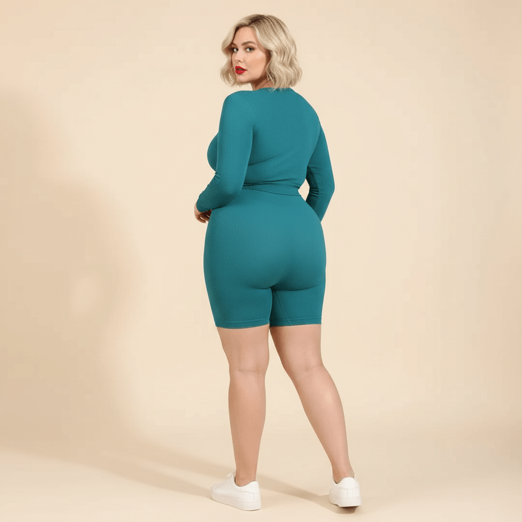 Ensemble sport grande taille femme bleu canard seamless côtelé galbe push-up vue dos fond studio crème