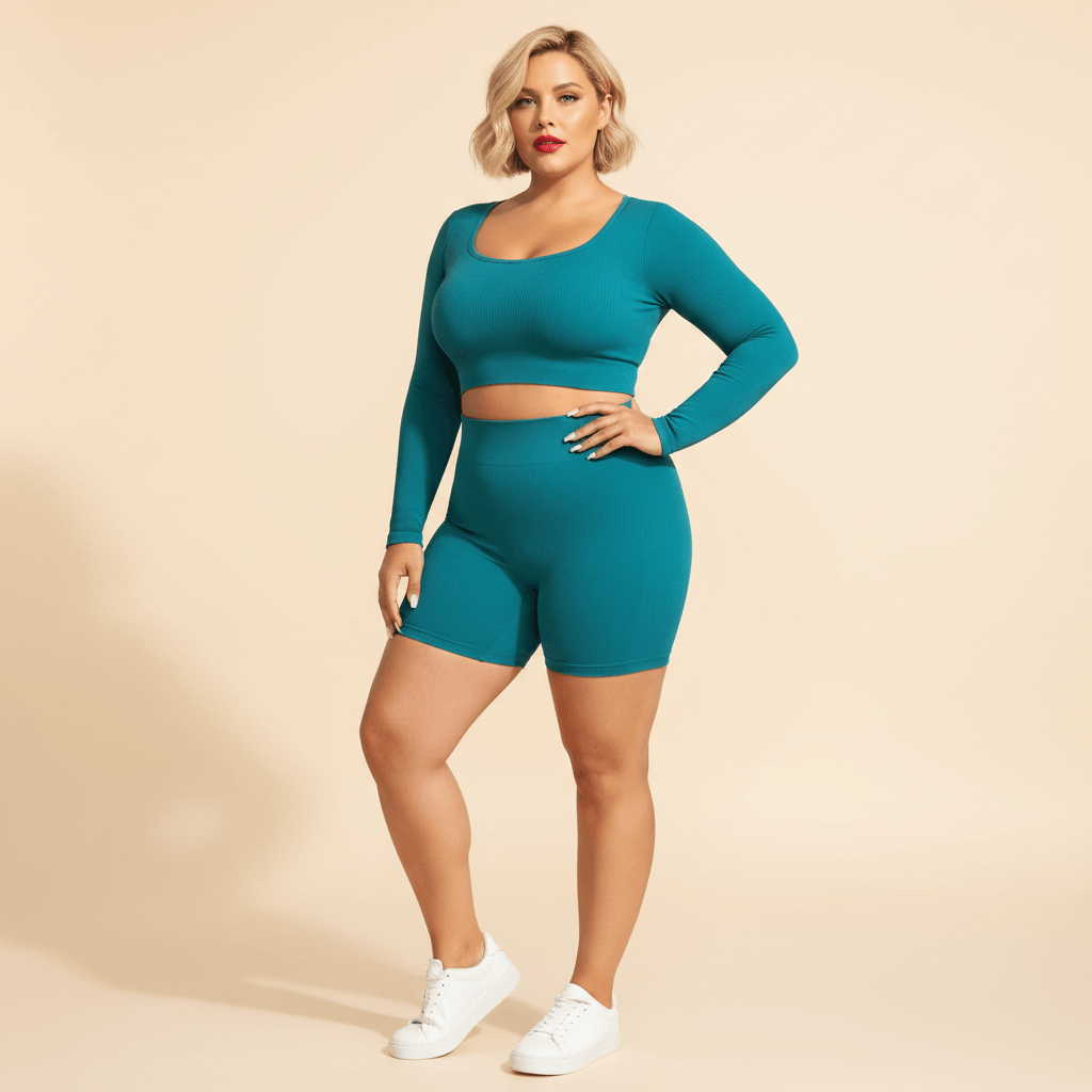 Ensemble sport grande taille femme bleu canard seamless côtelé crop top manches longues short taille haute vue face fond studio crème