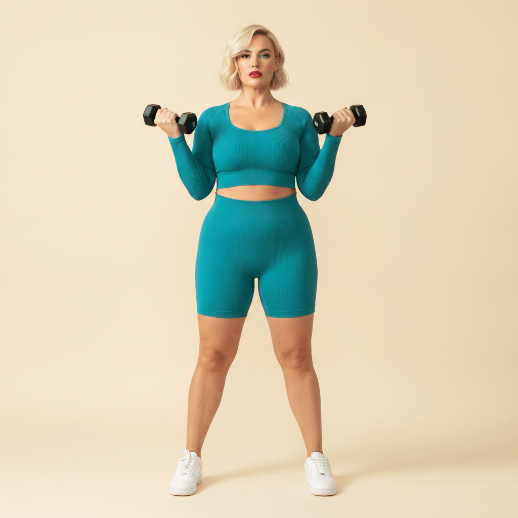 Ensemble sport grande taille femme bleu canard seamless côtelé musculation curl biceps haltères fond studio crème
