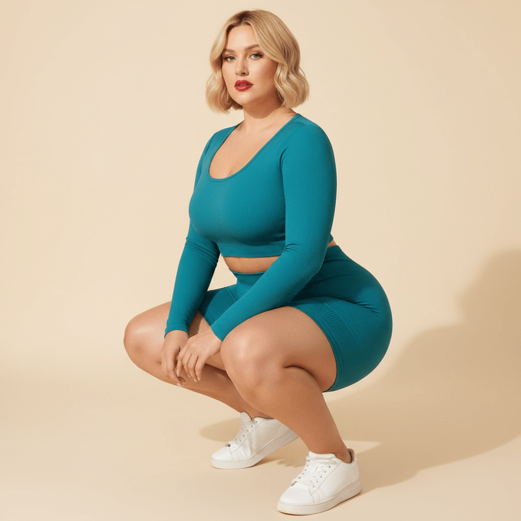 Ensemble sport grande taille femme bleu canard seamless côtelé squat opacité galbe fond studio crème
