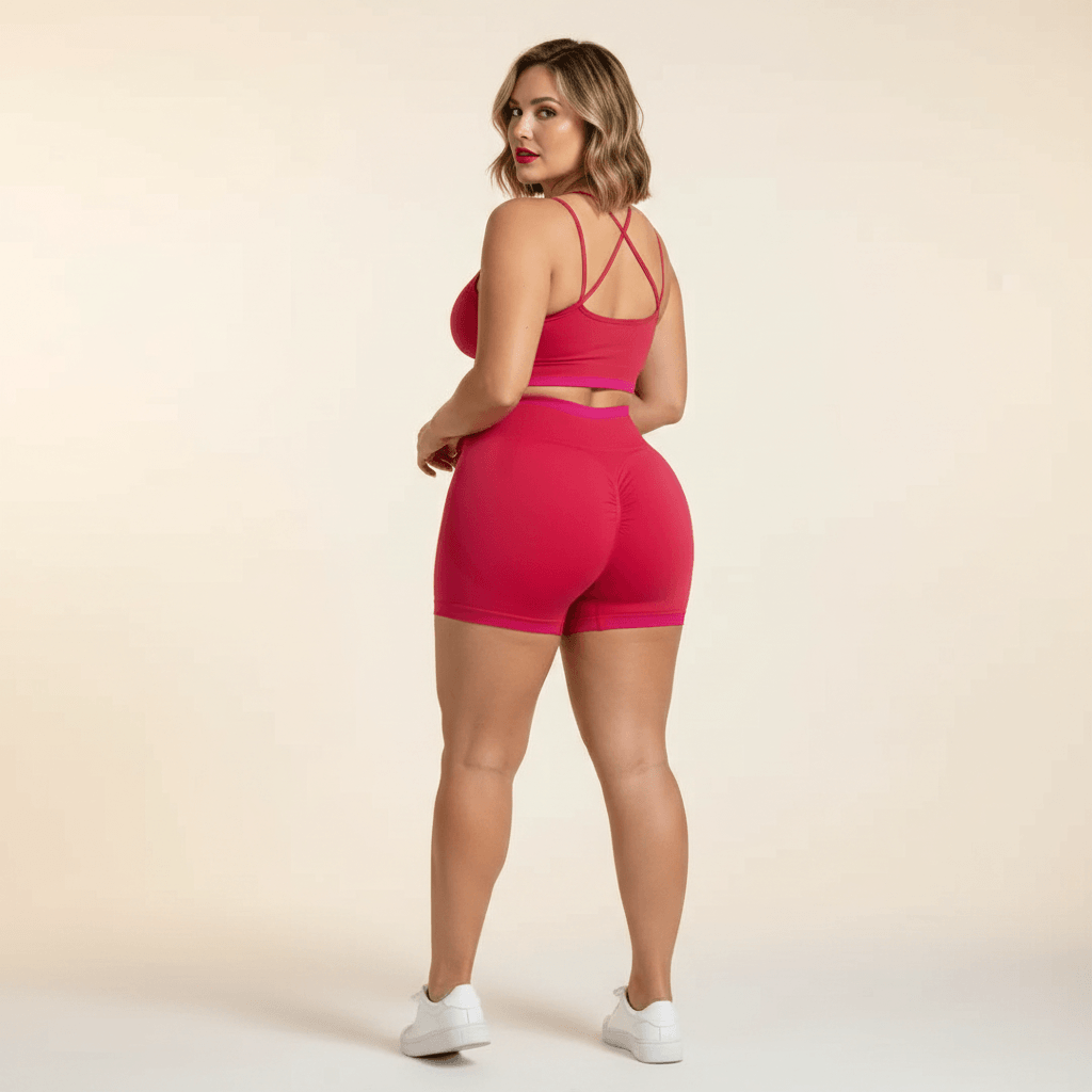 Ensemble sport grande taille femme rouge framboise dos bretelles croisées X scrunch push-up fuchsia vue dos fond studio crème