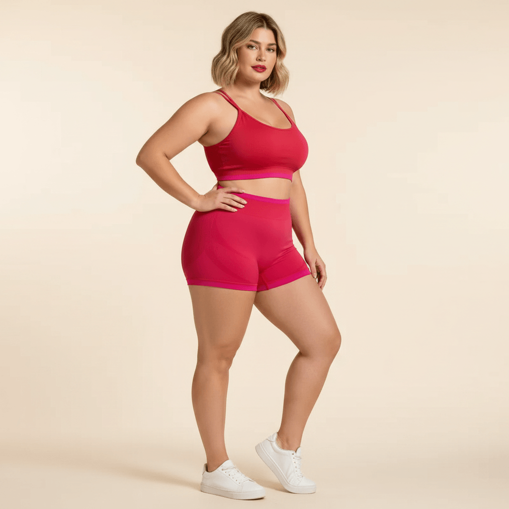 Ensemble sport grande taille femme rouge framboise brassière bretelles croisées short taille haute fuchsia vue face fond studio crème