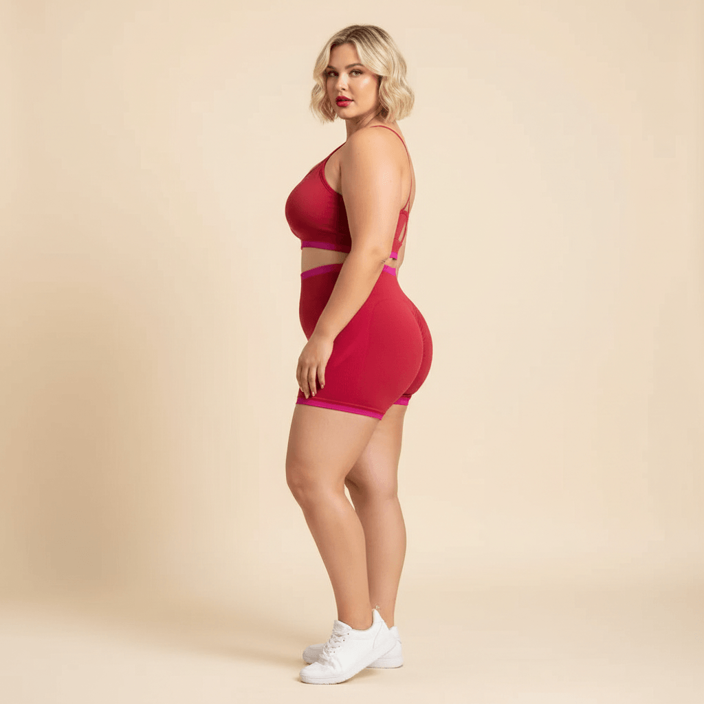 Ensemble sport grande taille femme rouge framboise short taille haute fuchsia silhouette gainante vue profil fond studio crème