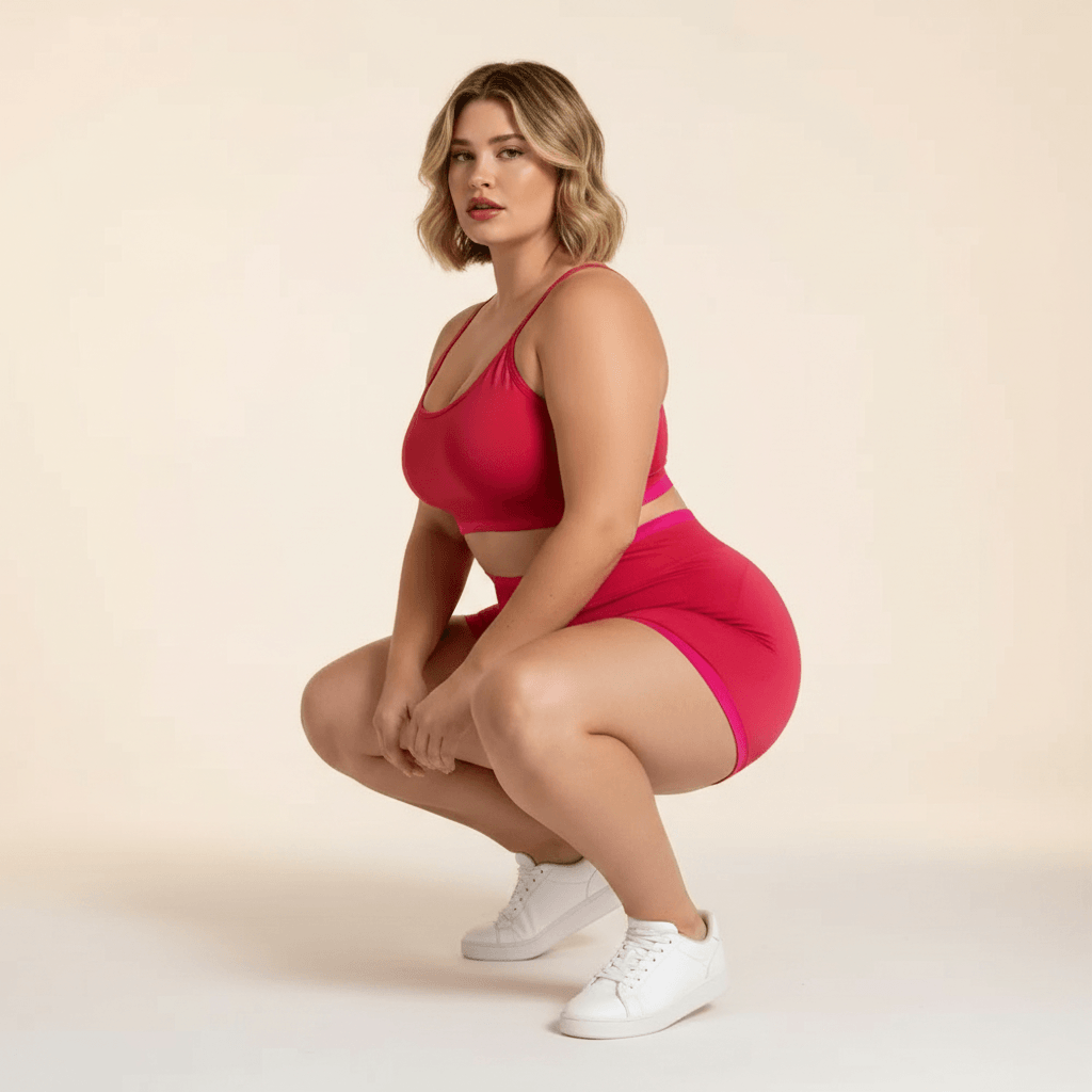 Ensemble sport grande taille femme rouge framboise fuchsia squat opacité galbe push-up fond studio crème