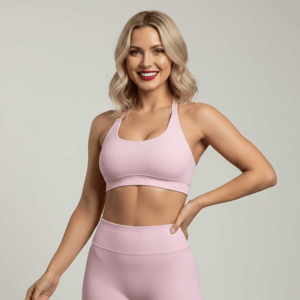 Ensemble sport rose pâle femme halter, vue de face pose joyeuse, brassière et legging taille haute, studio minimaliste ivory gray