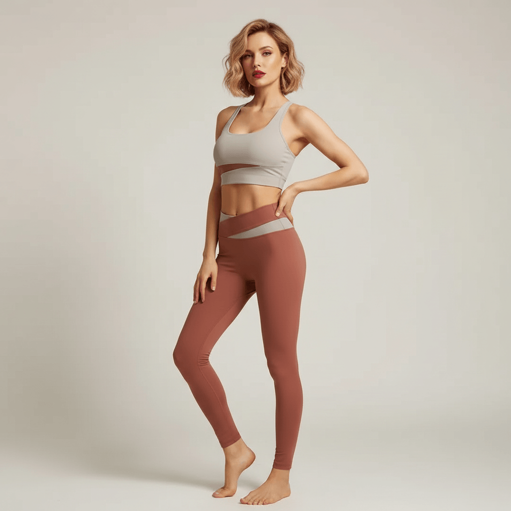 Ensemble yoga femme — brassière gris clair et legging terracotta taille haute, bandes croisées bicolores, pose 3/4 glamour studio