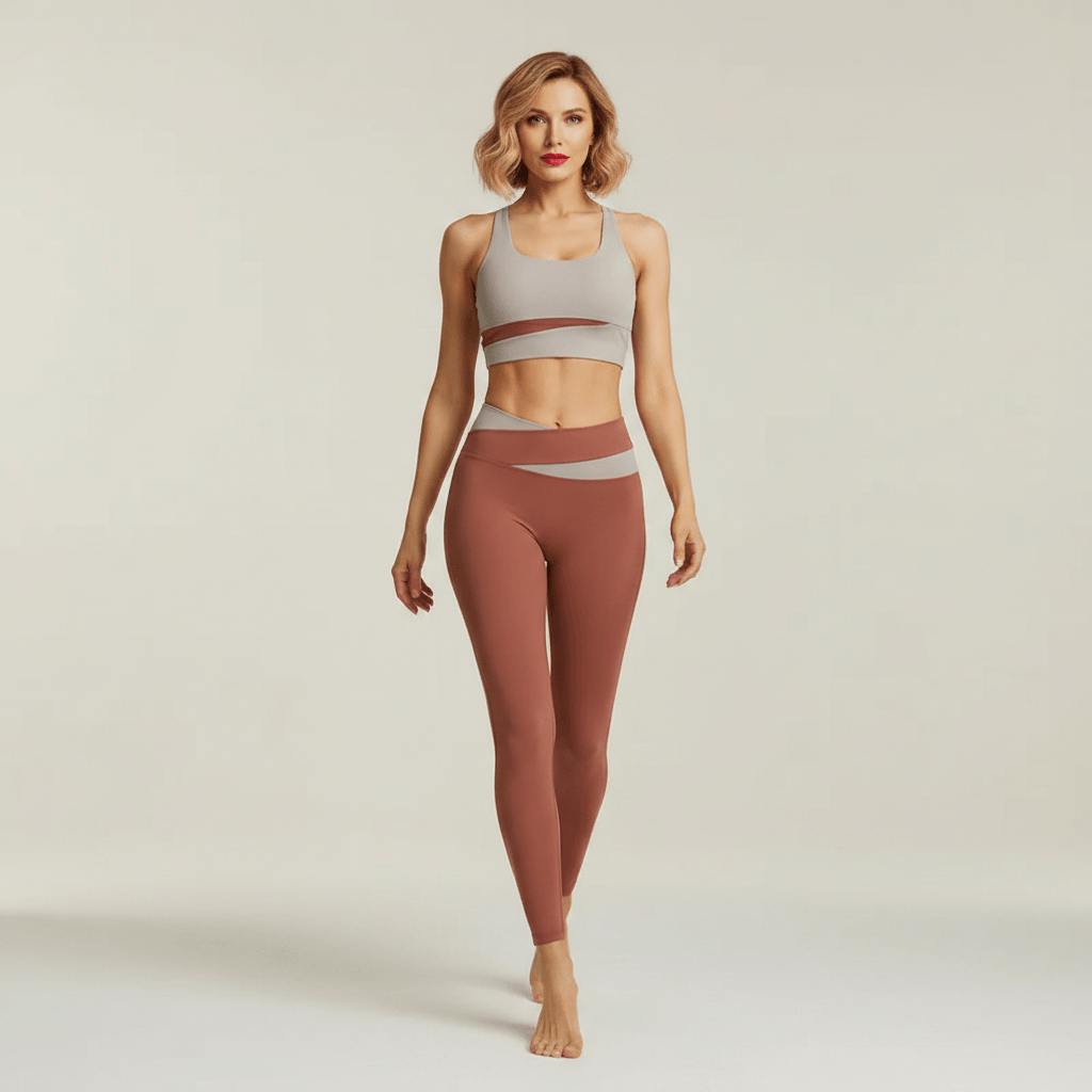 Ensemble yoga femme — brassière gris clair et legging terracotta taille haute, marche élégante athleisure studio