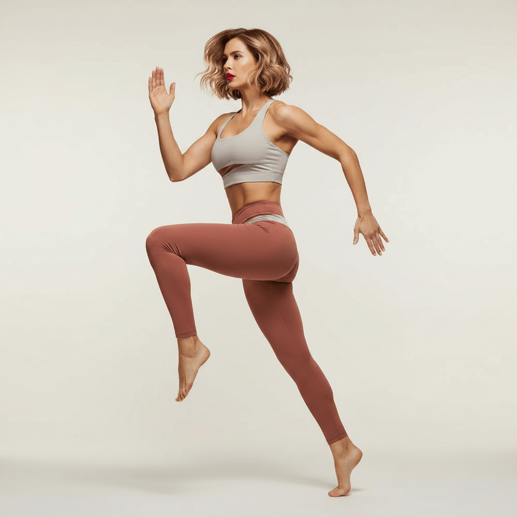 Ensemble yoga femme — brassière gris clair et legging terracotta taille haute, pose dynamique en mouvement studio