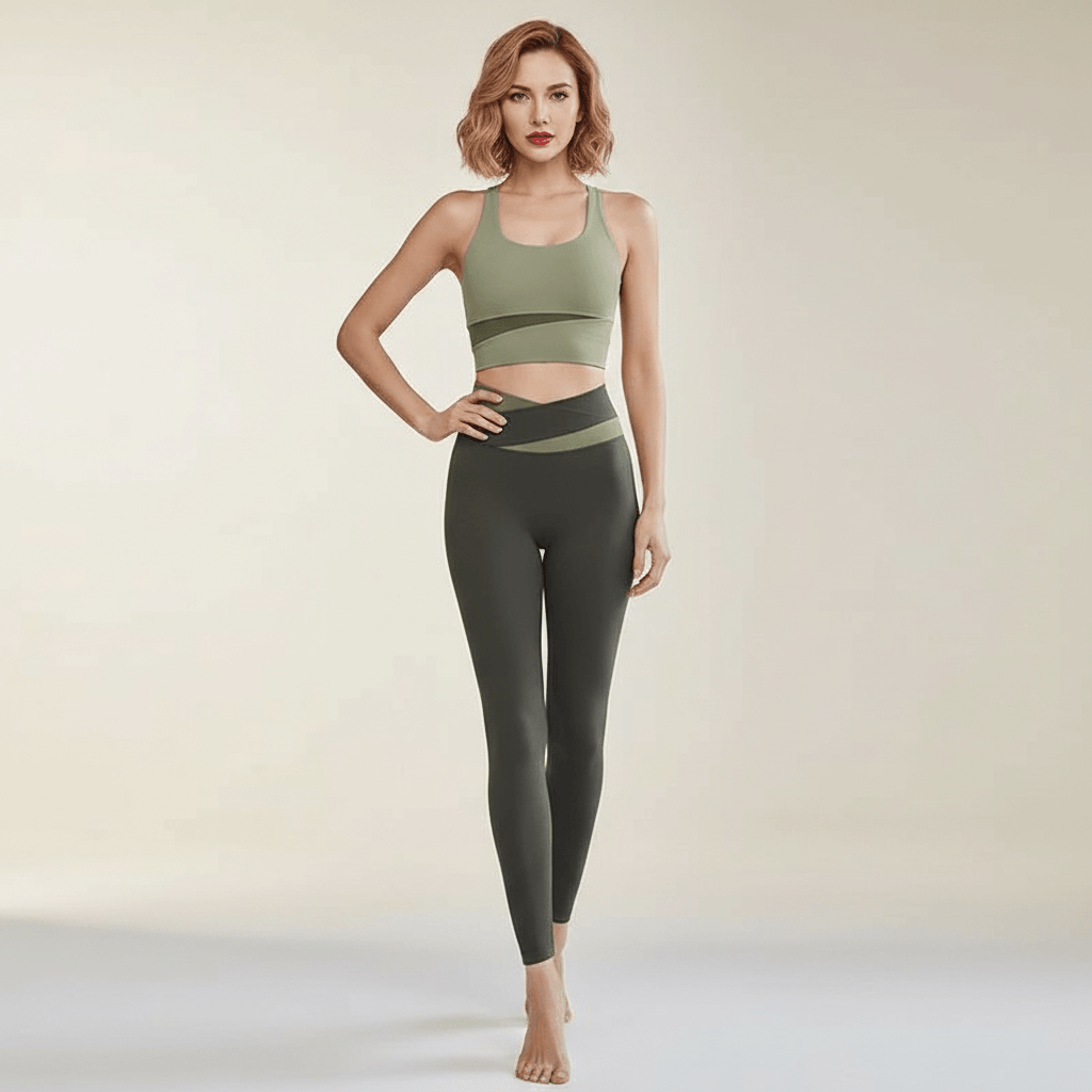 Ensemble yoga femme — brassière vert sauge et legging vert foncé taille haute, bandes croisées bicolores, vue de face glamour studio