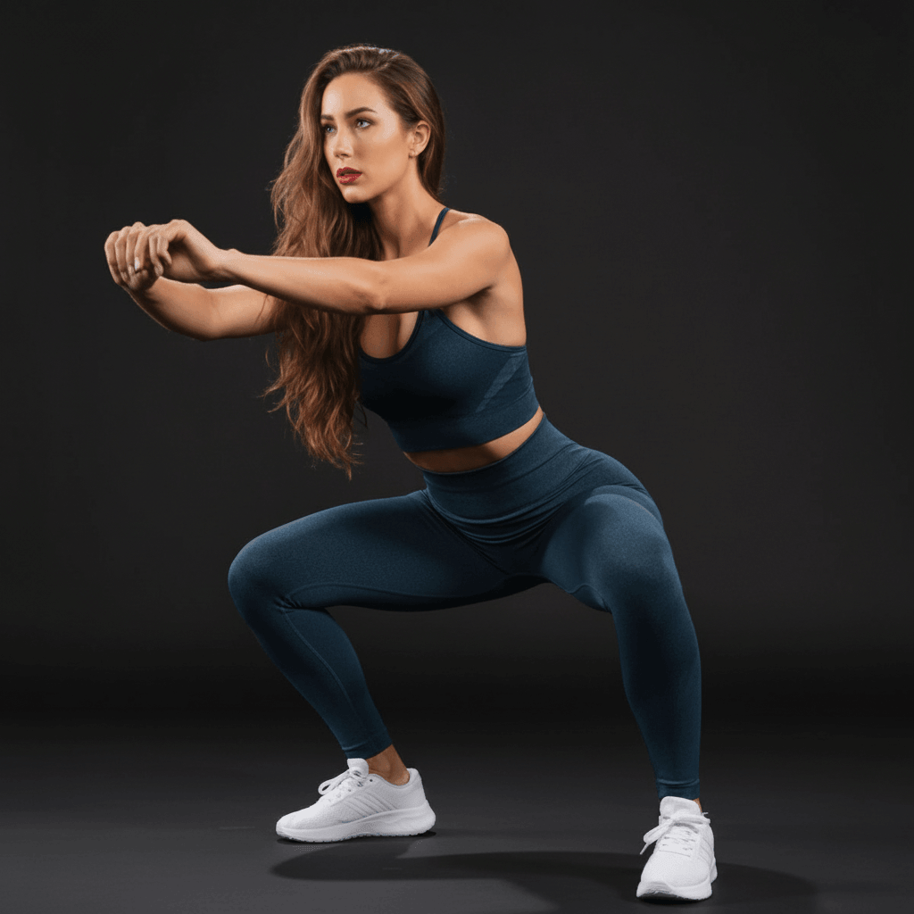 femme en position squat avec une tenue de sport chic