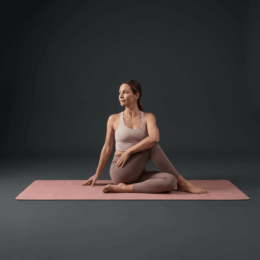 Femme en posture de yoga sur le tapis Asana Aura rose poudré avec lignes d’alignement visibles, ambiance studio minimaliste légèrement sombre.