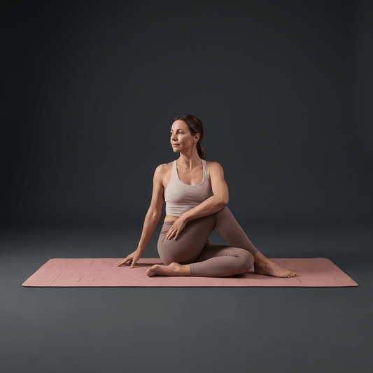 Femme en posture de yoga sur le tapis Asana Aura rose poudré avec lignes d’alignement visibles, ambiance studio minimaliste légèrement sombre.