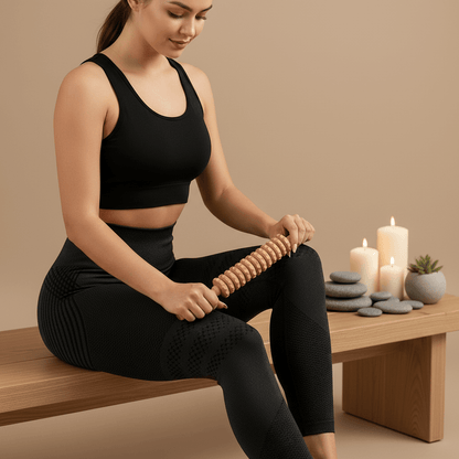 Femme assise sur un banc, tenant un rouleau de jade ou bois, pratique de massage; ambiance zen avec bougies et pierres sur la table. Pack Positiflow : Protocole Peau Lisse & Tonique.