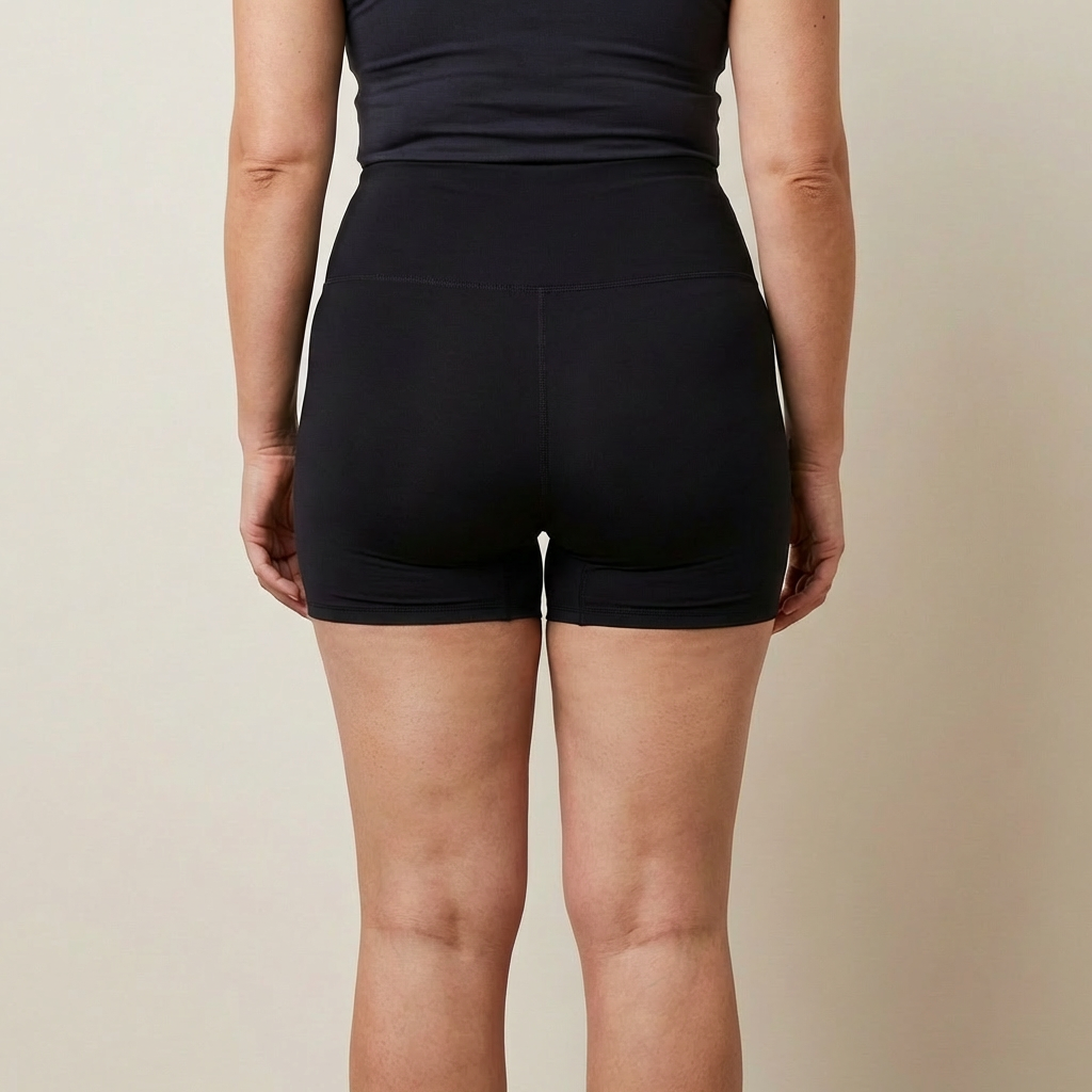Après : peau plus lisse sur cuisses et fessier, short noir, résultat legging anti cellulite, fond neutre.