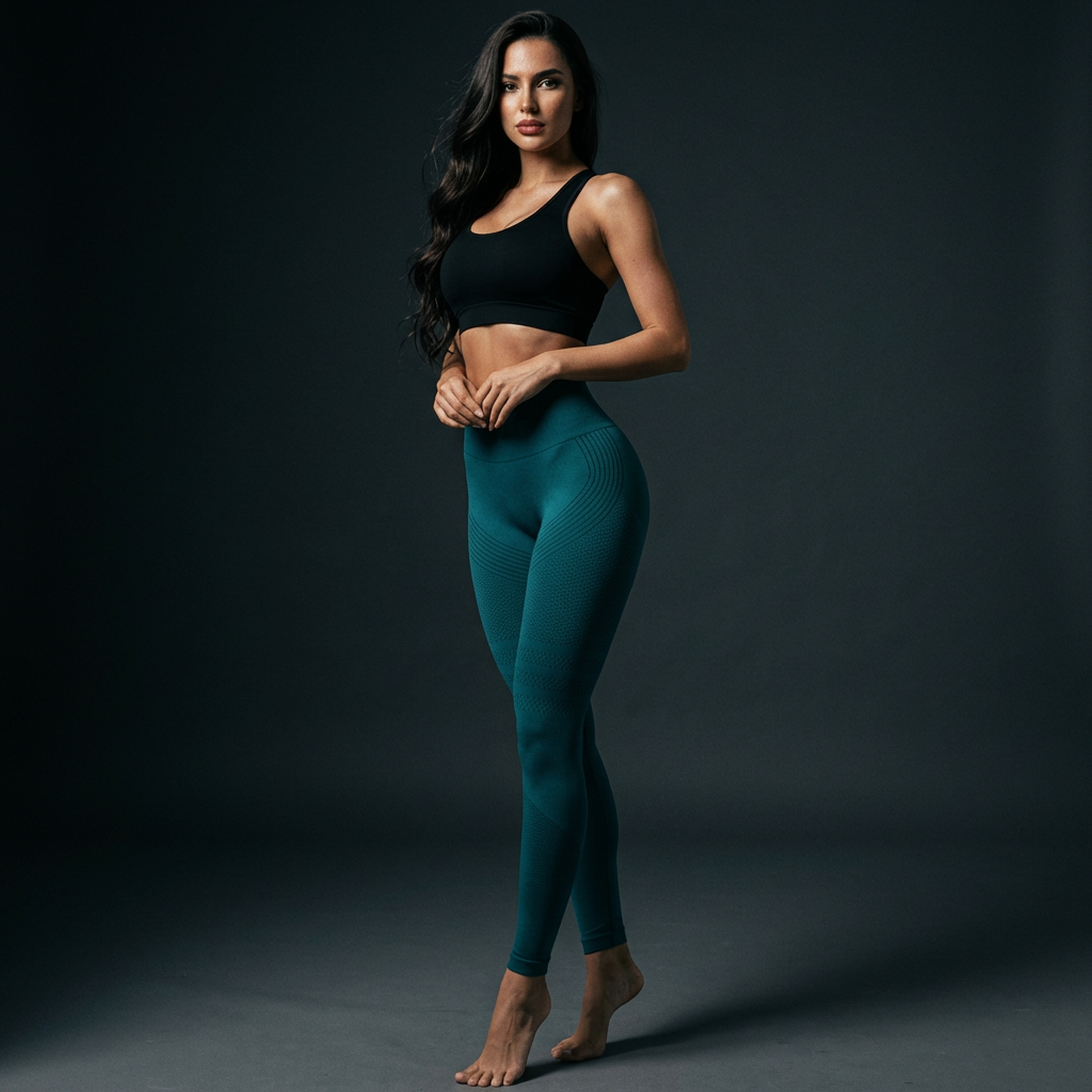 Legging anti cellulite vert, femme debout en studio sombre minimaliste, rendu photo réaliste, brassière noire.