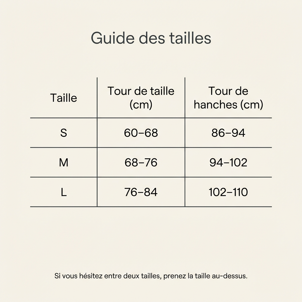 Guide des tailles legging anti cellulite, tableau élégant S M L avec tour de taille et tour de hanches en cm.