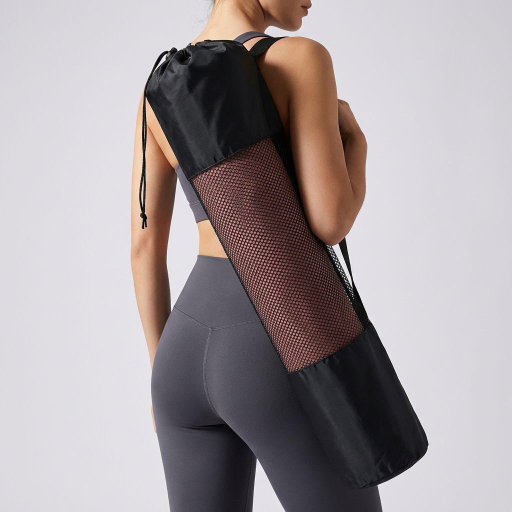 Femme portant un sac de transport noir en mesh avec tapis de yoga Asana Aura rose poudré visible, photo lifestyle fashion premium
