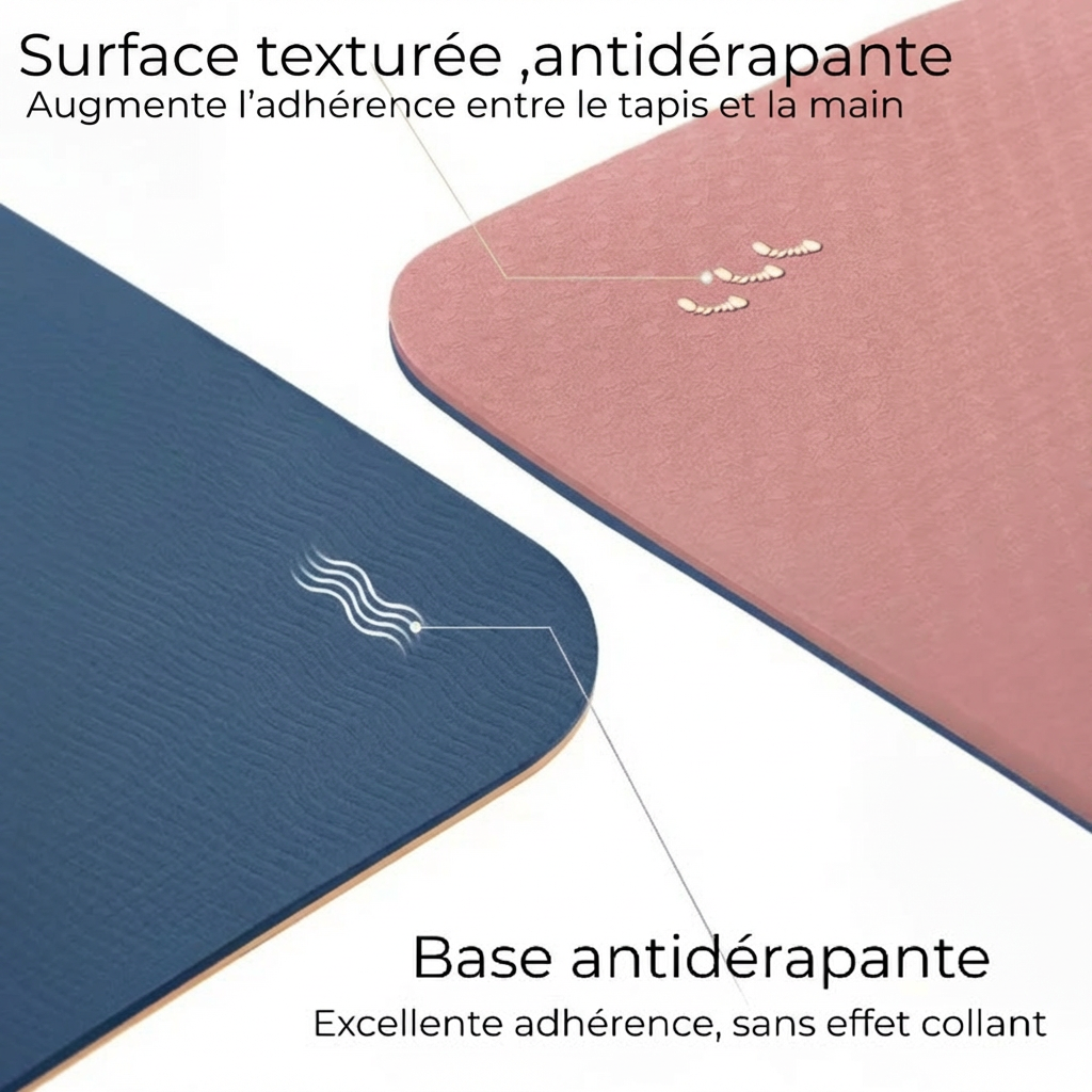 Infographie montrant la surface texturée antidérapante et la base antidérapante du tapis Asana Aura : face rose poudré et verso bleu