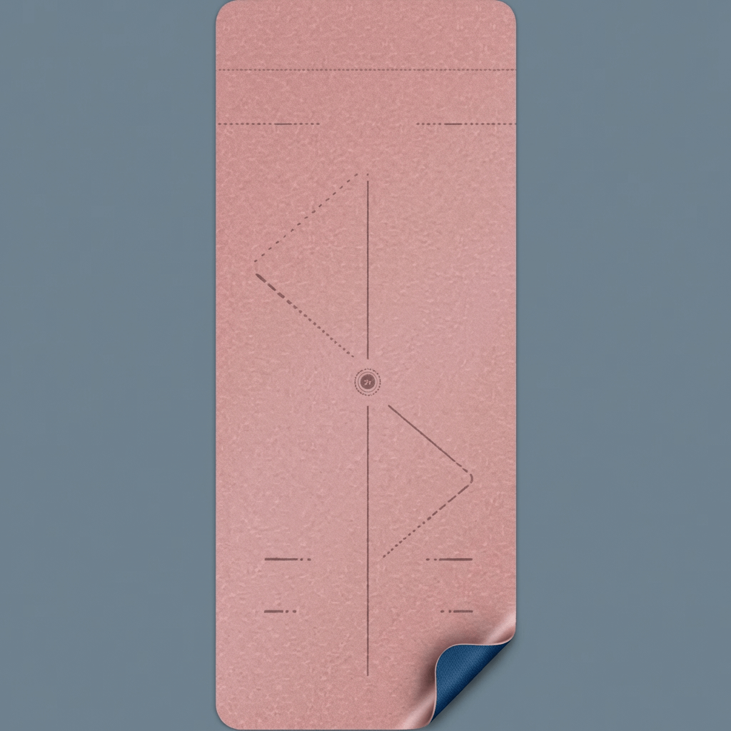 Tapis de yoga Asana Aura rose poudré avec lignes d’alignement, présenté seul sur fond anthracite premium.
