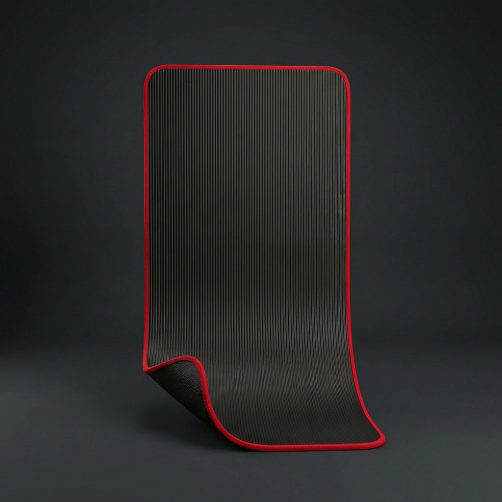 Tapis de gym noir et rouge debout, verso noir antidérapant, studio minimaliste anthracite.