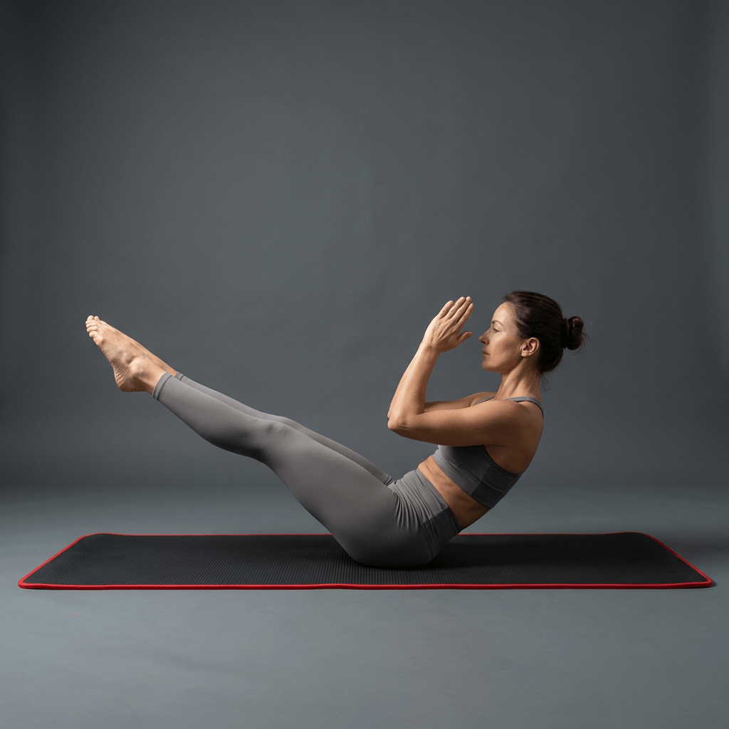 Femme en exercice pilates sur tapis de gym noir et rouge, photo lifestyle premium studio anthracite.