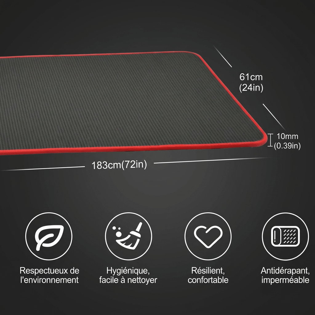 Infographie en français présentant les dimensions (183×61 cm, 10 mm) et caractéristiques du tapis de gym : respectueux de l'environnement, hygiénique, résilient, antidérapant.