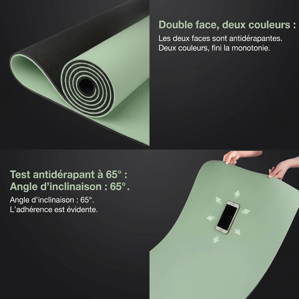 Infographie en français sur fond anthracite montrant le tapis Maxiflow double face et le test d’adhérence à 65°.