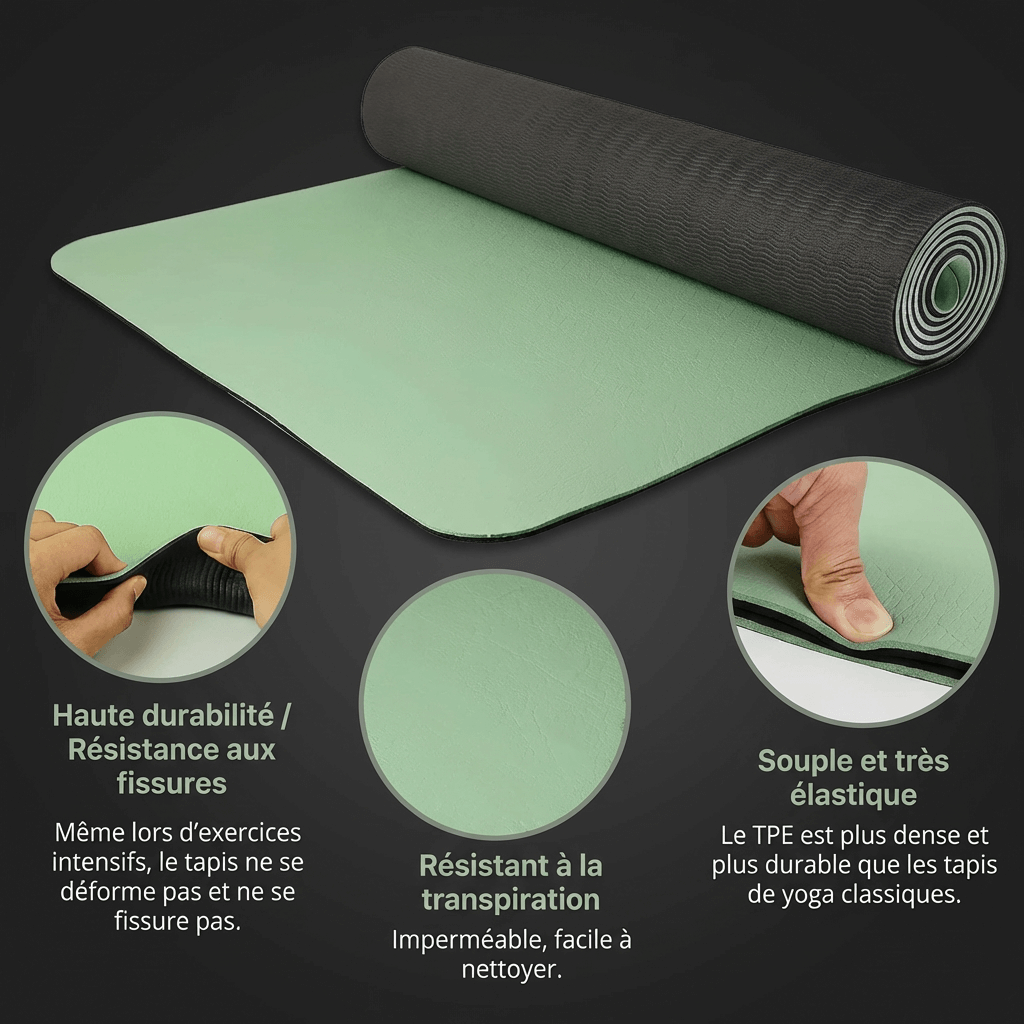 Infographie en français sur fond anthracite présentant la durabilité, la résistance aux fissures et la surface imperméable du tapis Maxiflow en TPE.