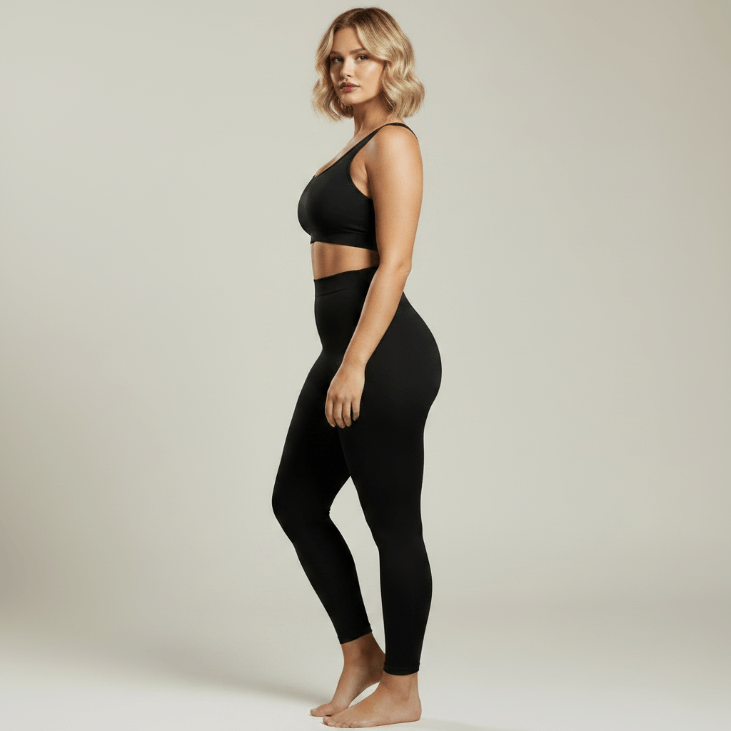 Legging Sculptant Femme Taille Haute noir, vue de profil, studio gris ivoire doux, femme blonde 39 ans