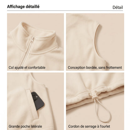 Détails du gilet polaire sans manche femme : col ajusté, emmanchure bornée, grande poche latérale et cordon de serrage à l'ourlet