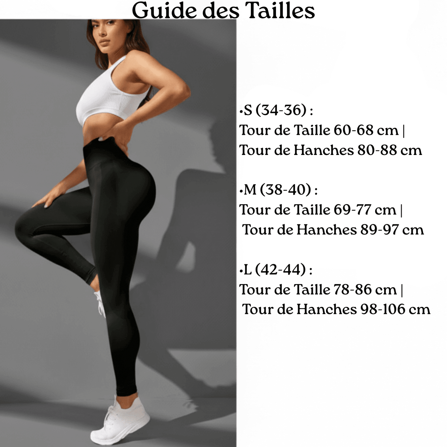 Guide de taille legging push up noir femme avec mesures taille et hanches du S au L