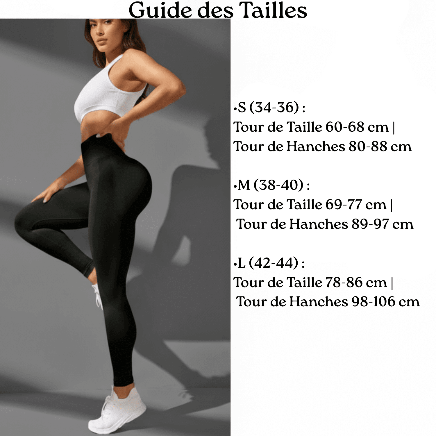 Guide de taille legging push up noir femme avec mesures taille et hanches du S au L