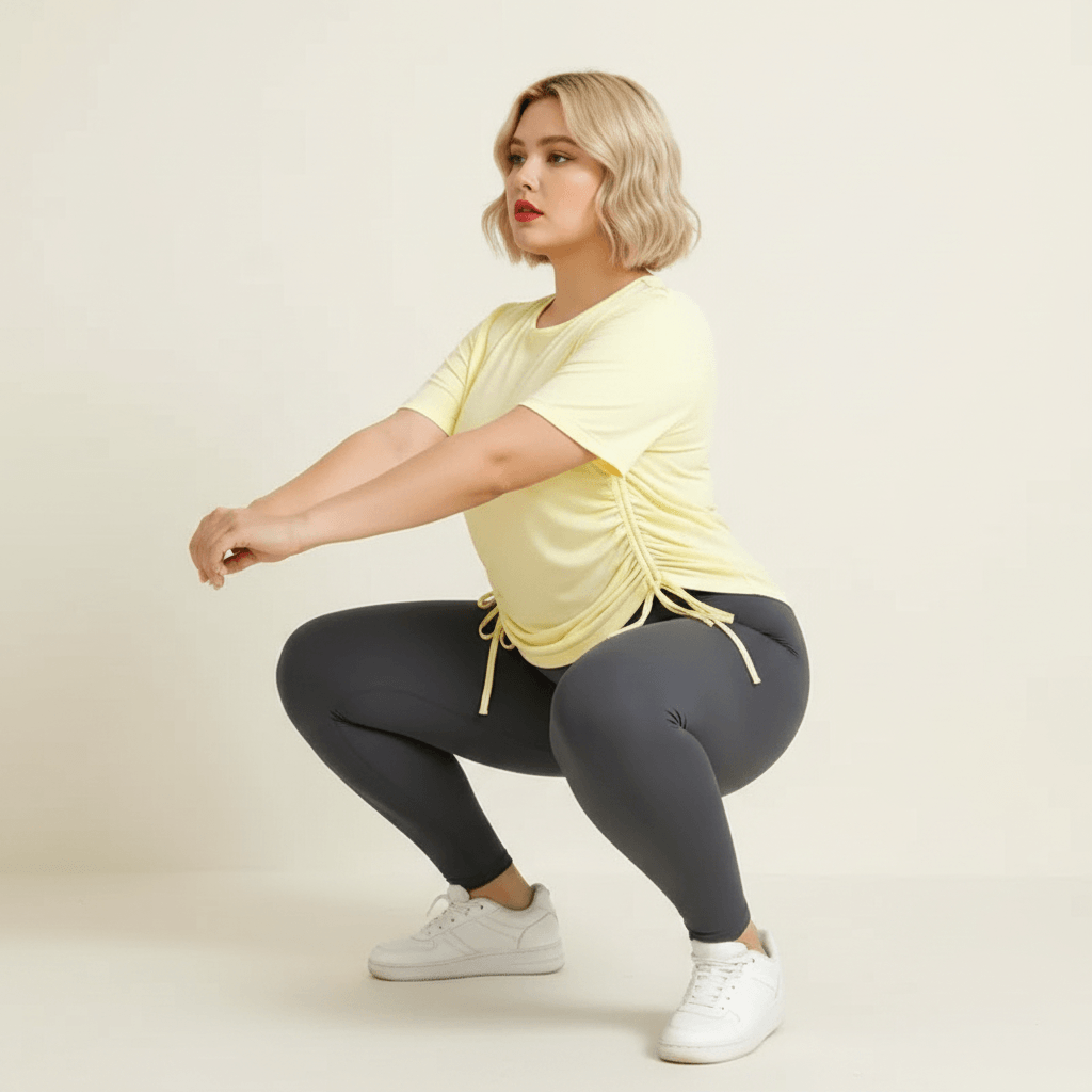 Haut de sport grande taille femme jaune pastel cordons de serrage pose squat fond studio crème