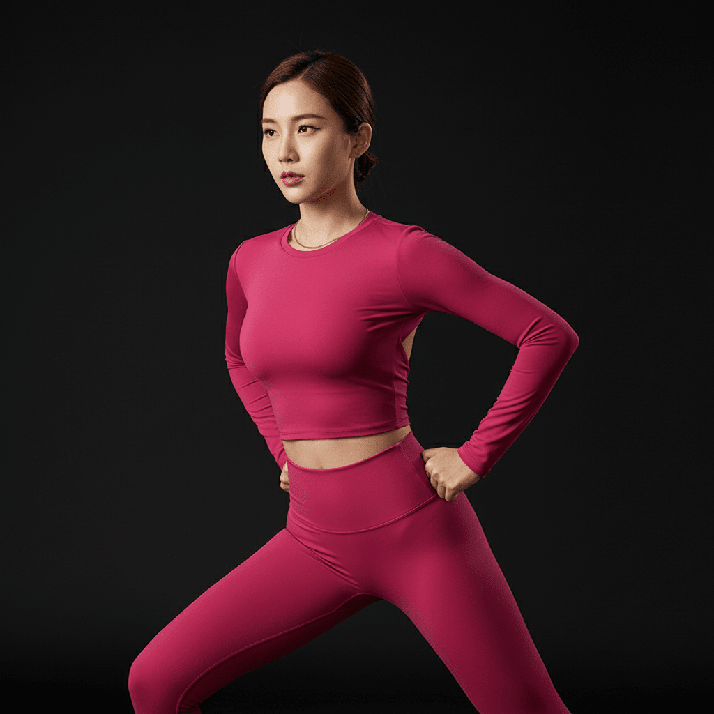 Haut manche longue dos nu fuchsia en pose fitness avec legging assorti