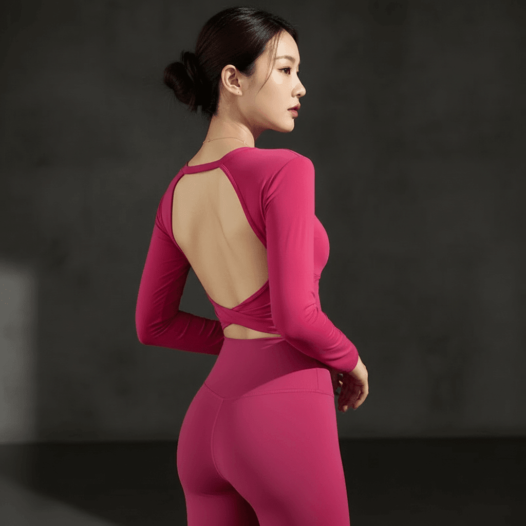 Haut manche longue dos nu fuchsia pose raffinée vue de profil studio