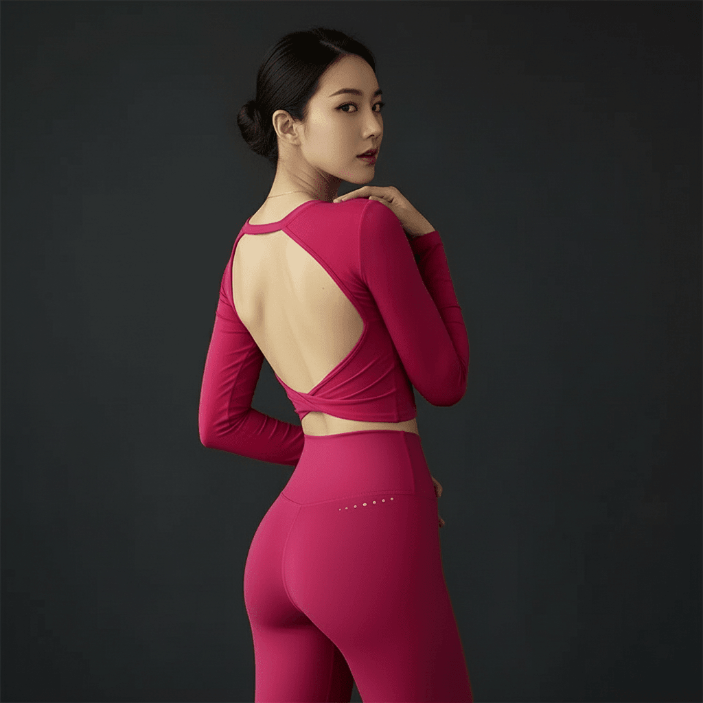 Haut manche longue dos nu fuchsia vue dos élégante avec legging assorti