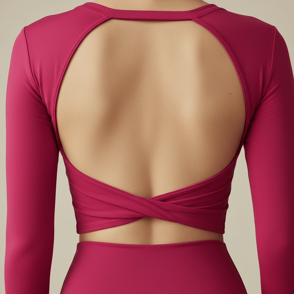 Haut manches longues dos nu femme fuchsia – zoom macro découpe dos ouvert croisé, détail tissu stretch premium, fond studio ivoire