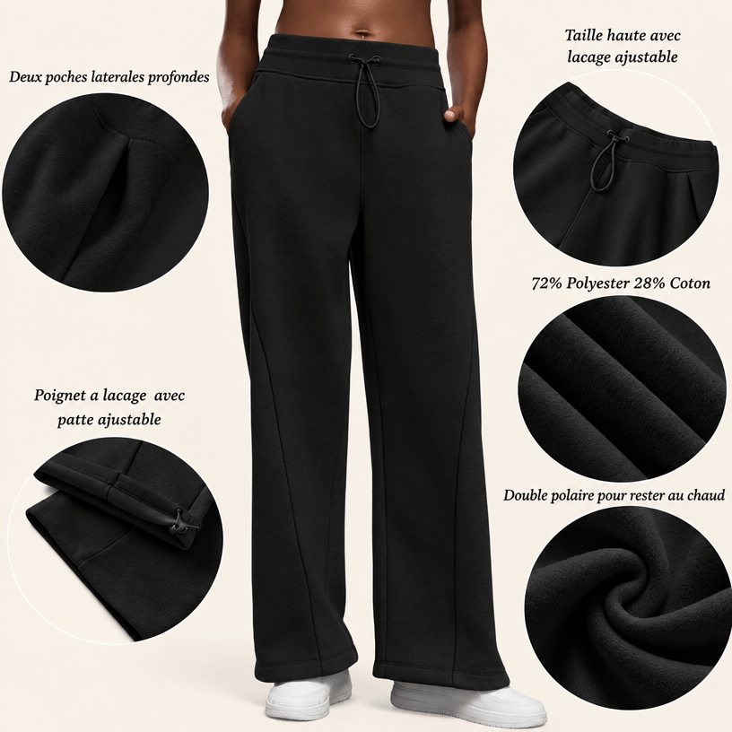 Détails du jogging polaire femme : deux poches latérales profondes, taille haute à laçage, tissu 72 pour cent polyester 28 pour cent coton, poignet à laçage et doublure polaire