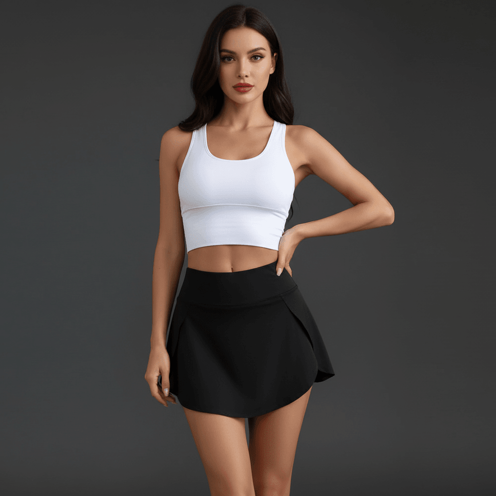 Jupe short noir pose élégante vue de face avec design épuré