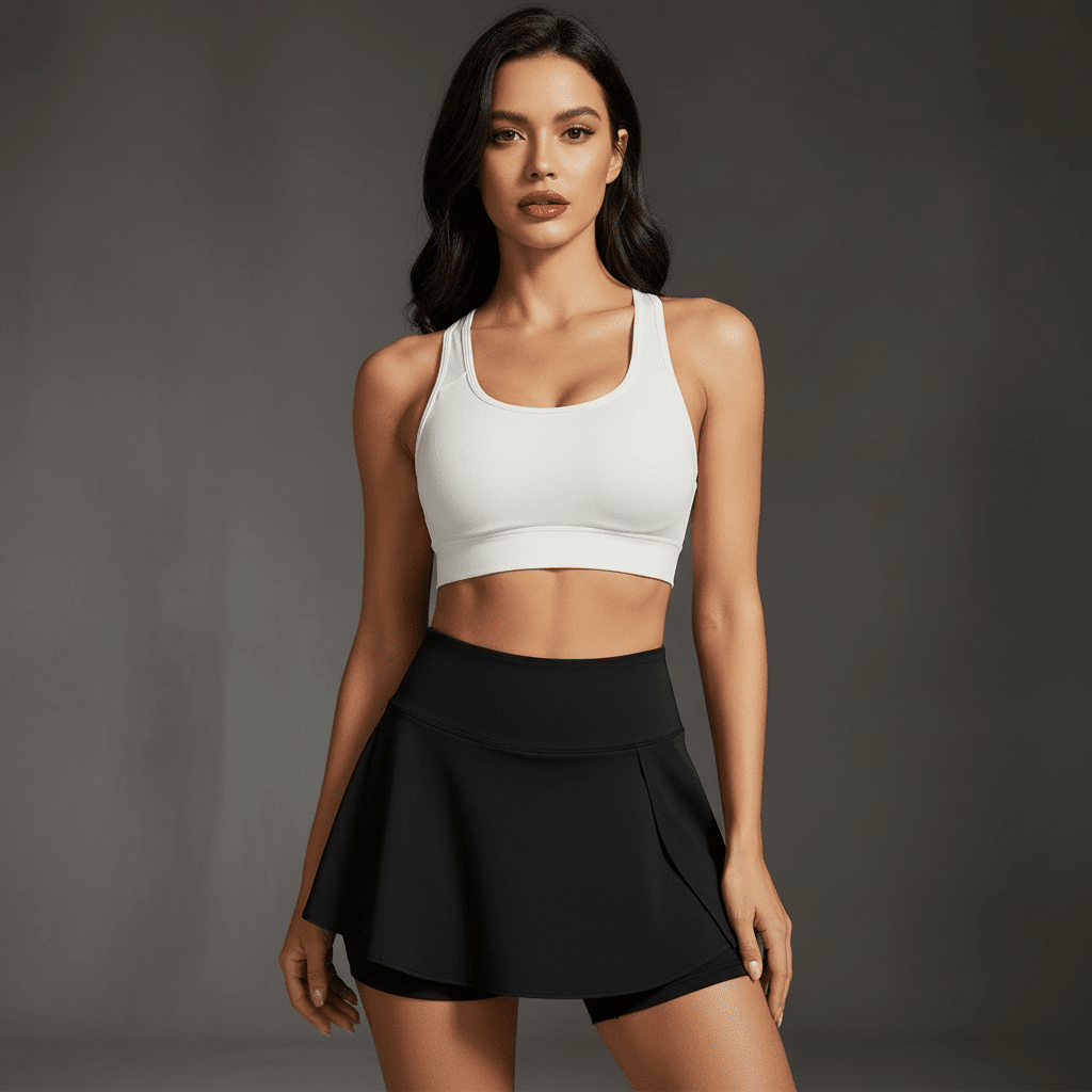 Jupe Short Noir, autre pose élégante de face avec brassière assortie