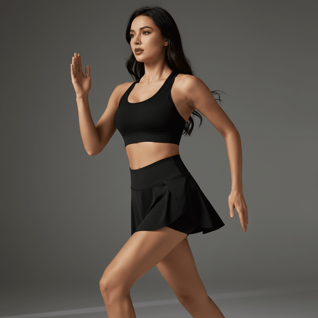 Jupe Short Noir, pose running avec brassière assortie