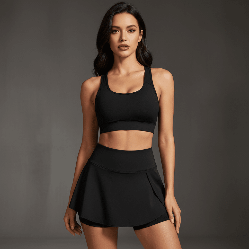 Jupe Short Noir, vue de face élégante avec brassière assortie