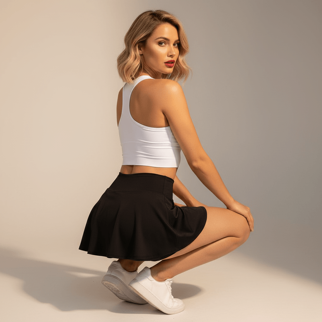 Jupe short sport femme noir – pose accroupie vue de dos, brassière blanche racerback, look sport femme